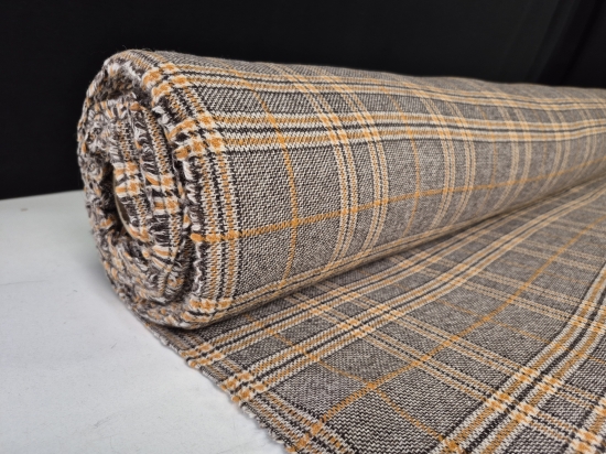 Przejdź do produktu Wełna marynarkowa w kratę pomarańcz-brąz-biały 220g/m²